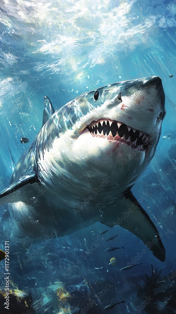Fototapeta premium Great white shark underwater, sunlight.