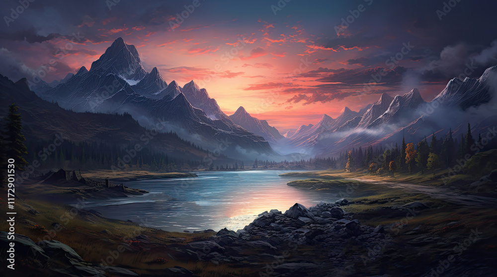 A natural landscape view with mountains and a lake in the evening