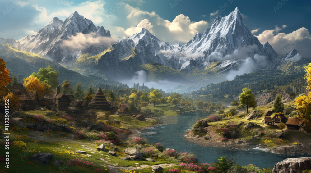 A view of countryside houses near a river with mountains