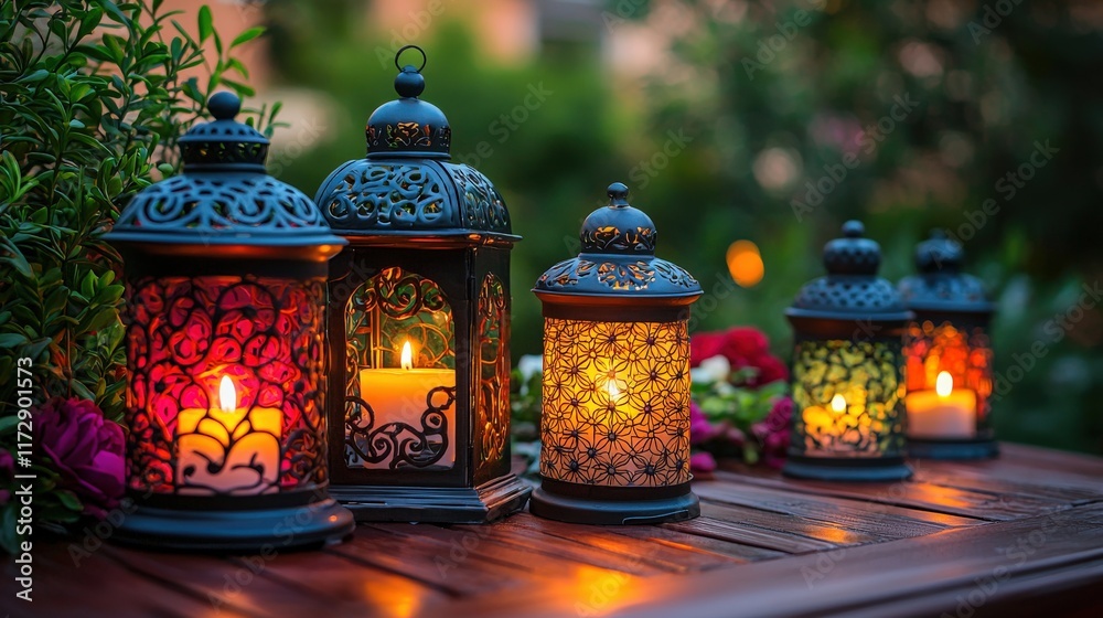 Fototapeta premium Elegant lanterns glowing softly, surrounded by lush greenery, create a serene and enchanting atmosphere perfect for evening relaxation.