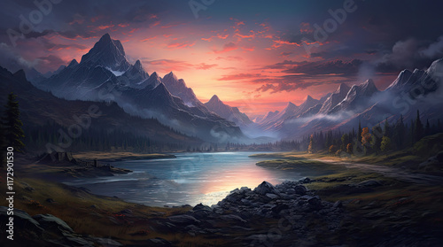 Obraz na płótnie A natural landscape view with mountains and a lake in the evening w salonie
