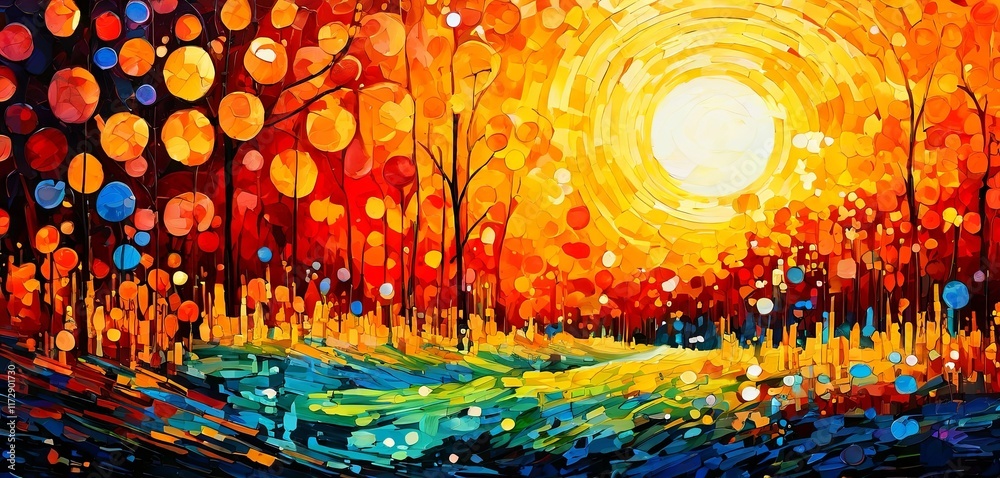 Obraz premium A painting of a forest with a sun in the sky