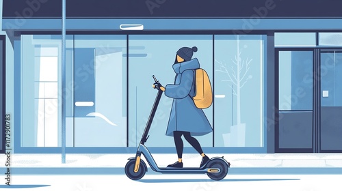 A pedestrian rents an electric scooter using a mobile app for a quick ride across town. photo