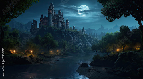 A view of an ancient building, a river, and the moon at night