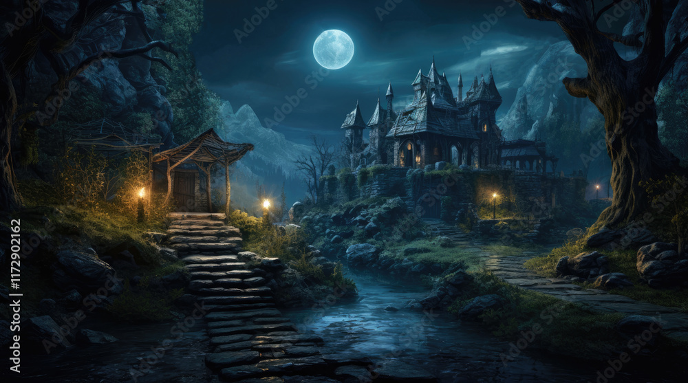 A view of an ancient building, a moat, and the moon at night