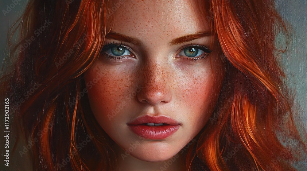 Fototapeta premium Beautiful Woman with Red Hair and Freckles in Close-Up Portrait
