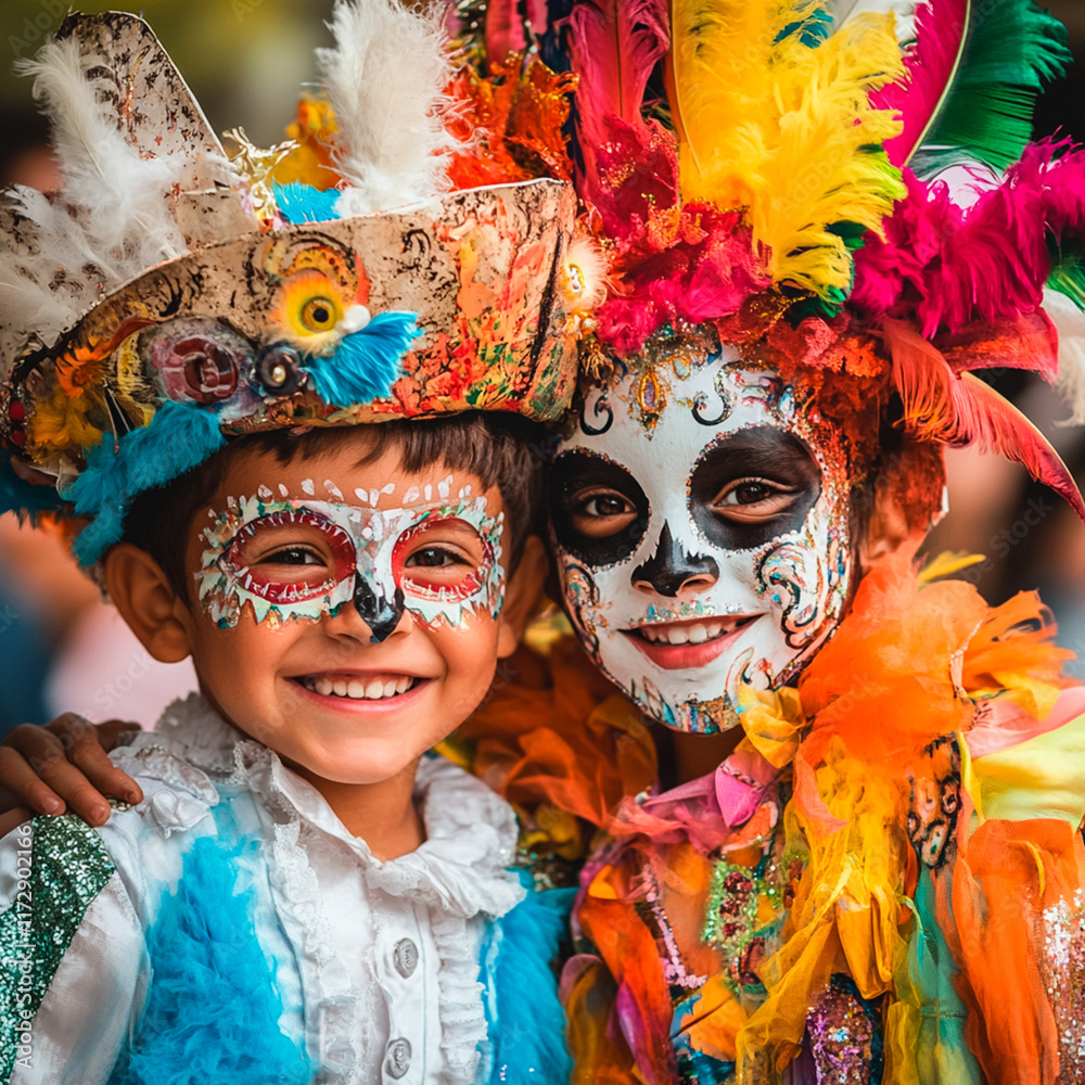 two children with painted faces, carnival party, children at fancy dress party two children with painted faces, carnival party, children at fancy dress party