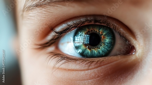 A captivating close-up shot of a human eye showing vivid colors and intricate details, representing vision, awareness, and the essence of perception beautifully. photo