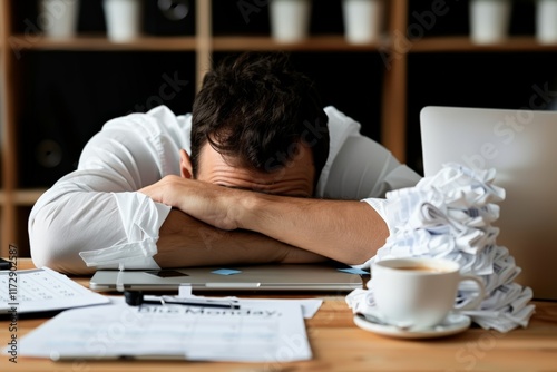 Blue Monday. A person exhausted at a cluttered desk with a coffee mug and clock symbolizing Monday blues. photo