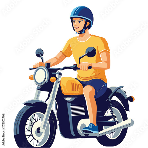 Rider in blue shorts on a yellow motorcycle.