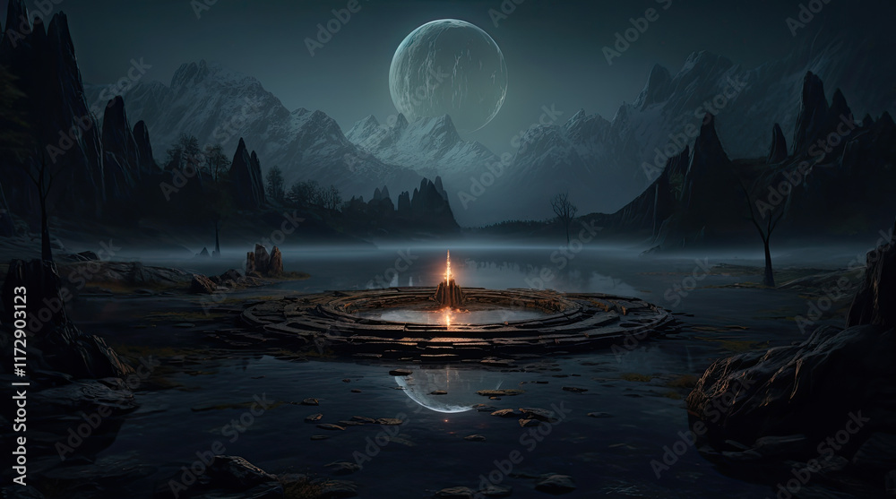 An illustration of a mysterious place with a bonfire