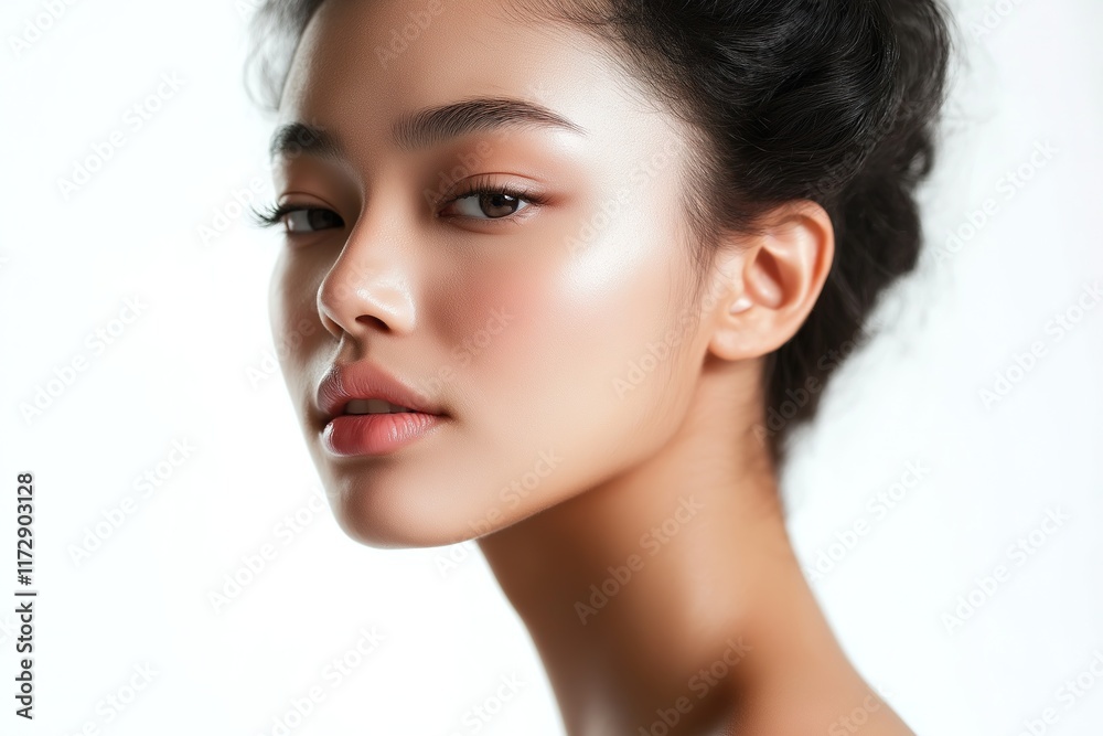 Fototapeta premium Close-Up Portrait of a Asian Woman Model for Skincare Advertisement, Isolated on White Background