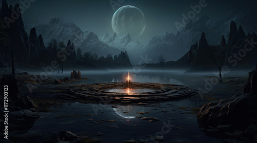 Obraz na płótnie An illustration of a mysterious place with a bonfire w salonie