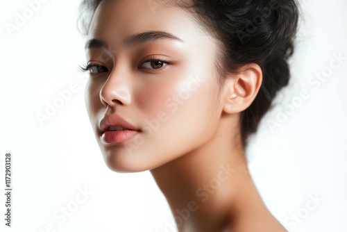 Close-Up Portrait of a Asian Woman Model for Skincare Advertisement, Isolated on White Background