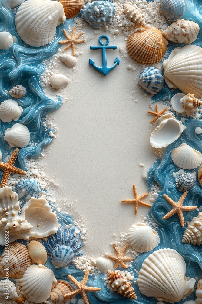 Obraz premium A summer beach concept artwork frame with seashells, starfishes, and blue sea waves against a white sand beach background with copy space.