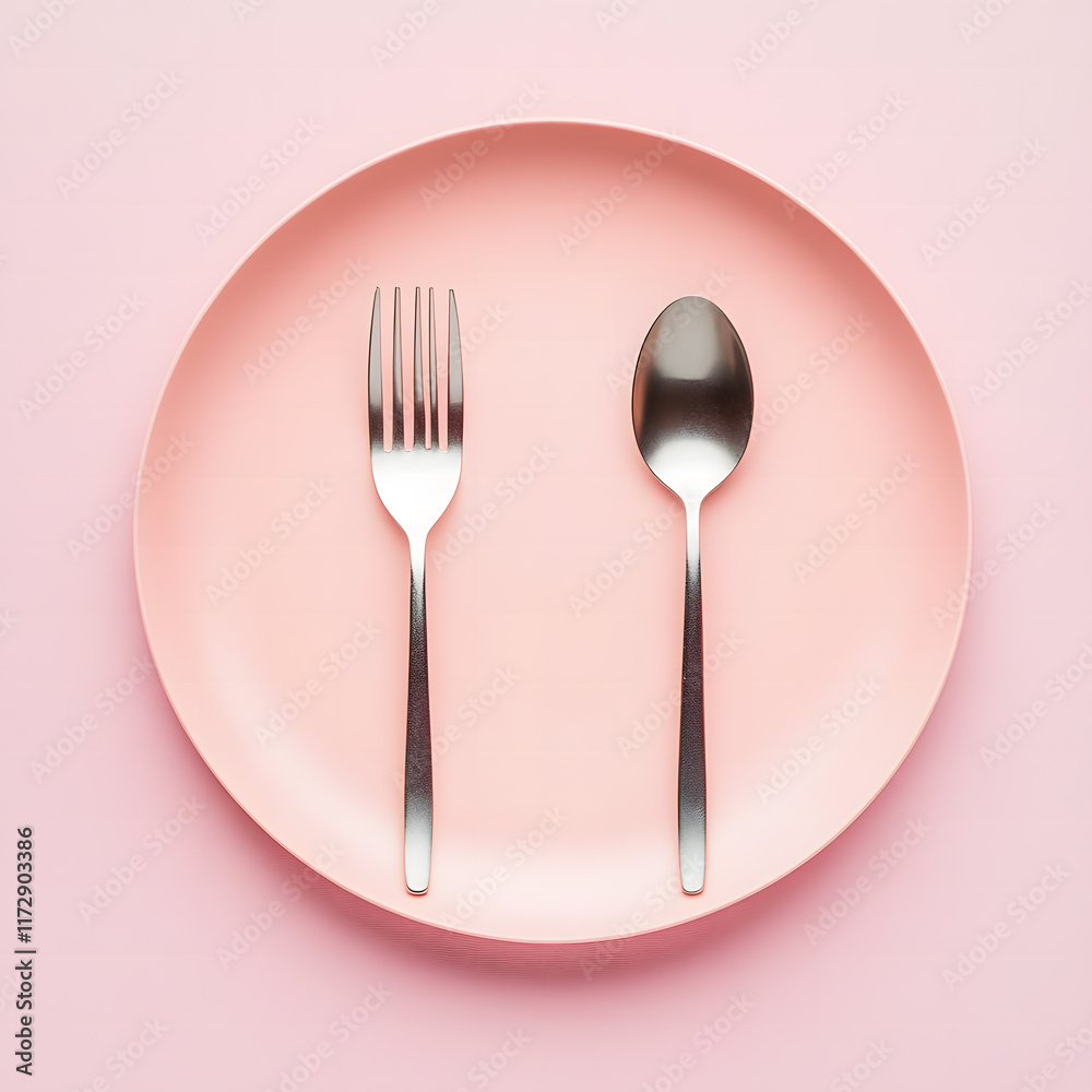 Minimalist Fork and Spoon on Pink Plate with Pastel Background Minimalist Fork and Spoon on Pink Plate with Pastel Background