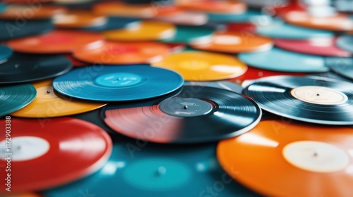 A vibrant collection of colorful vinyl records spread out in a random, artistic array, capturing the nostalgic essence of analog music in vivid hues. photo