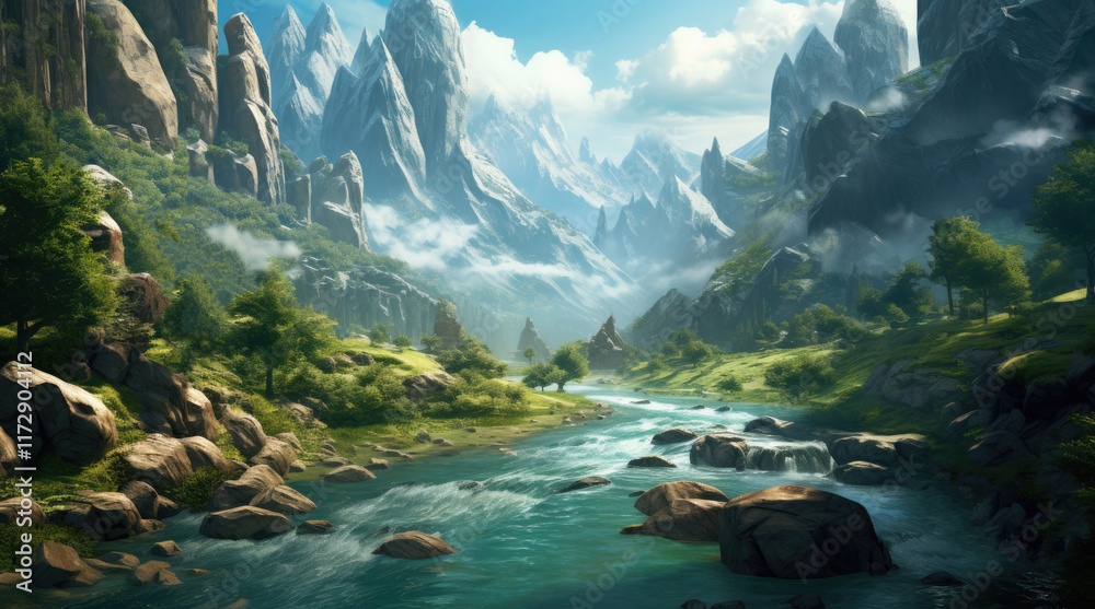 A view of a small river and rock mountains