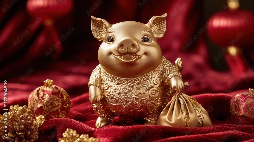 Fototapeta premium A lucky pig figurine crafted in gold, holding a money bag, placed on a red velvet surface with Chinese New Year decorations