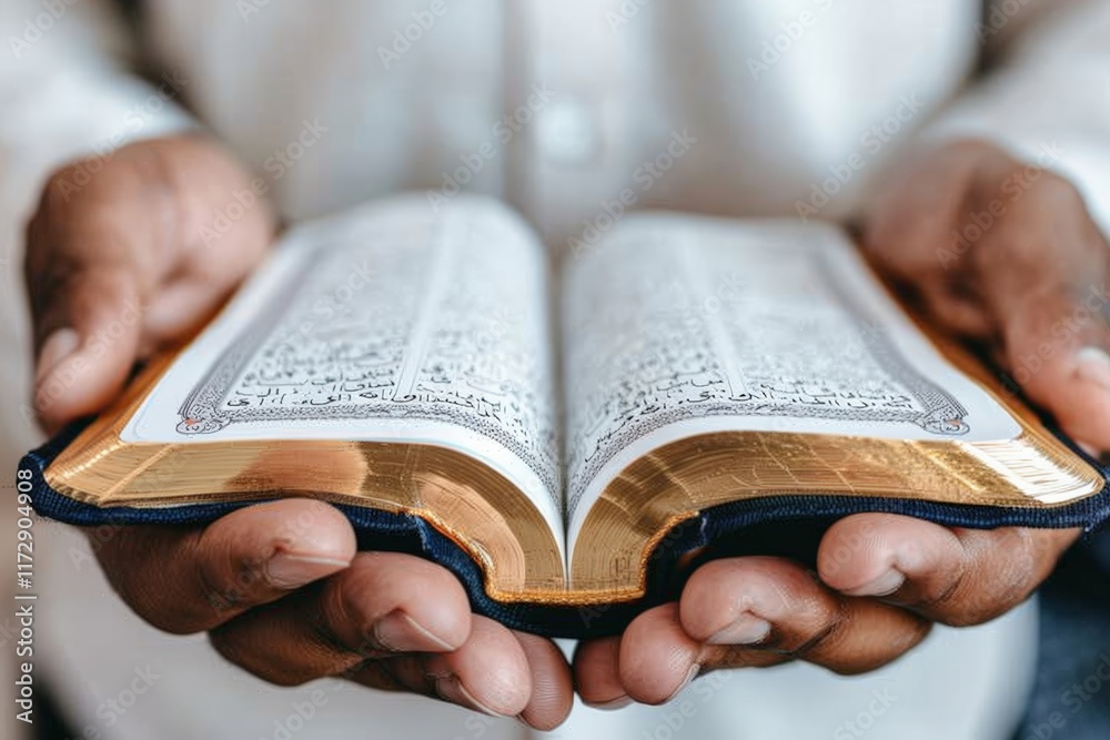 Fototapeta premium World Religion Day. Close-up of hands holding an open sacred text, reflecting spirituality, faith, and devotion in a serene atmosphere.