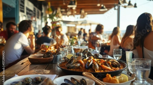 Communal dining experience showcasing traditional paella in Spain, highlighting fresh seafood and vibrant flavors at sunset