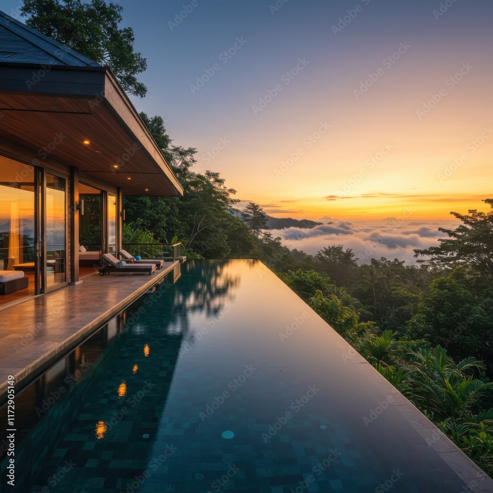 Luxury tropical villa, infinity pool, sunset view, lush jungle landscape, modern architecture, reflective water surface, golden hour light, expansive balcony, floor-to-ceiling windows, tranquil atmosp Luxury tropical villa, infinity pool, sunset view, lush jungle landscape, modern architecture, reflective water surface, golden hour light, expansive balcony, floor-to-ceiling windows, tranquil atmosp