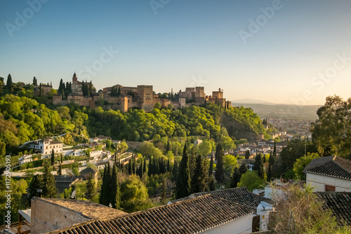 Historic Alhambra palace at sunset in Granada, Andalusia, Spain