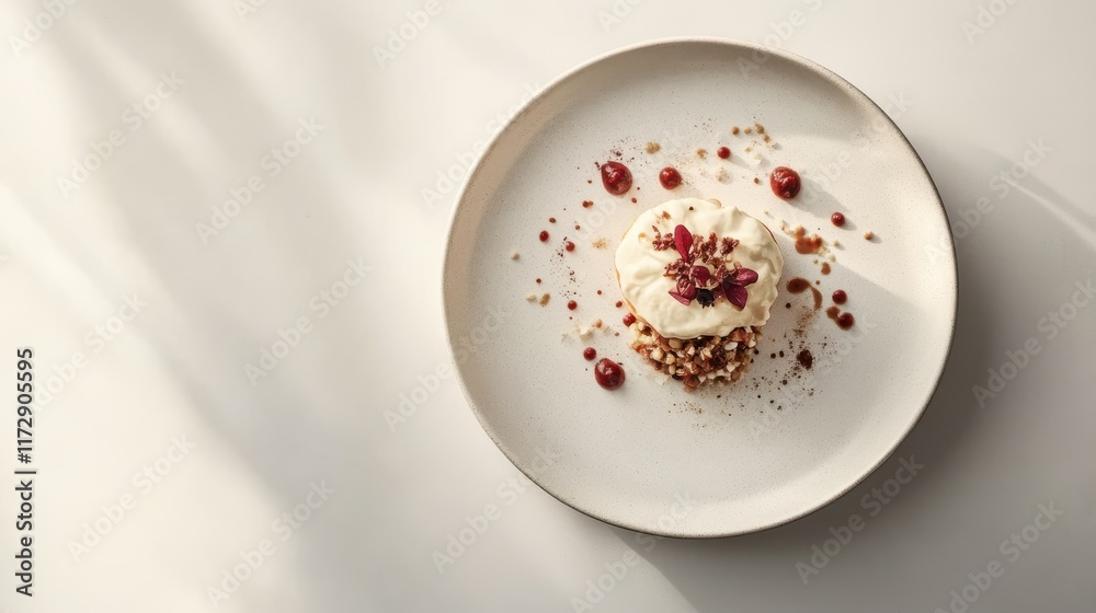 White table with artisanal creation on minimalist plate and taupe background White table with artisanal creation on minimalist plate and taupe background