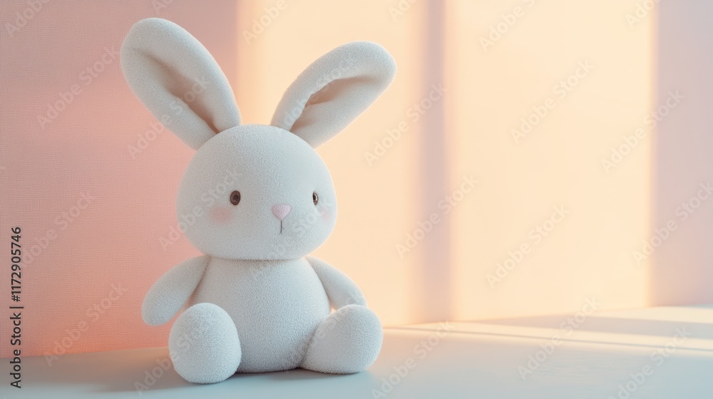 Obraz premium A soft, plush white bunny toy sits on a surface, illuminated by gentle sunlight.