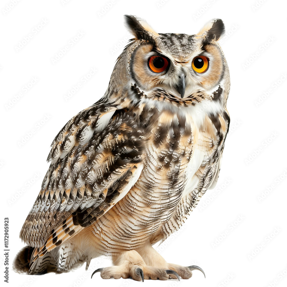 Fototapeta premium eurasian eagle owl close up view isolated on a white background