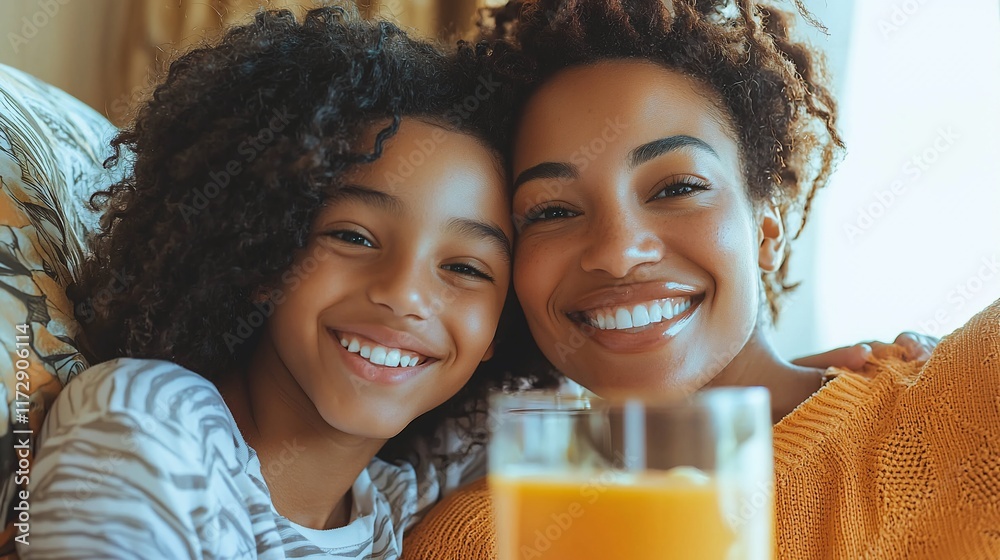 Happy mother and daughter selfie with orange juice. Happy mother and daughter selfie with orange juice.