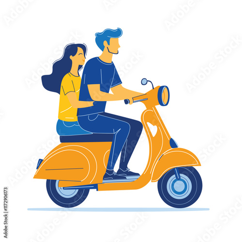 Two people riding a yellow scooter, wearing casual clothes.