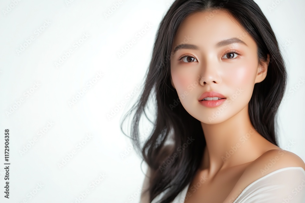 Portrait of Asian Woman for Skincare Advertisement, Ultra-High Resolution on White Background Portrait of Asian Woman for Skincare Advertisement, Ultra-High Resolution on White Background