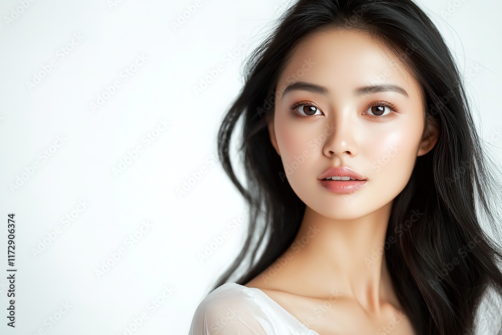 Portrait of Asian Woman for Skincare Advertisement, Ultra-High Resolution on White Background Portrait of Asian Woman for Skincare Advertisement, Ultra-High Resolution on White Background