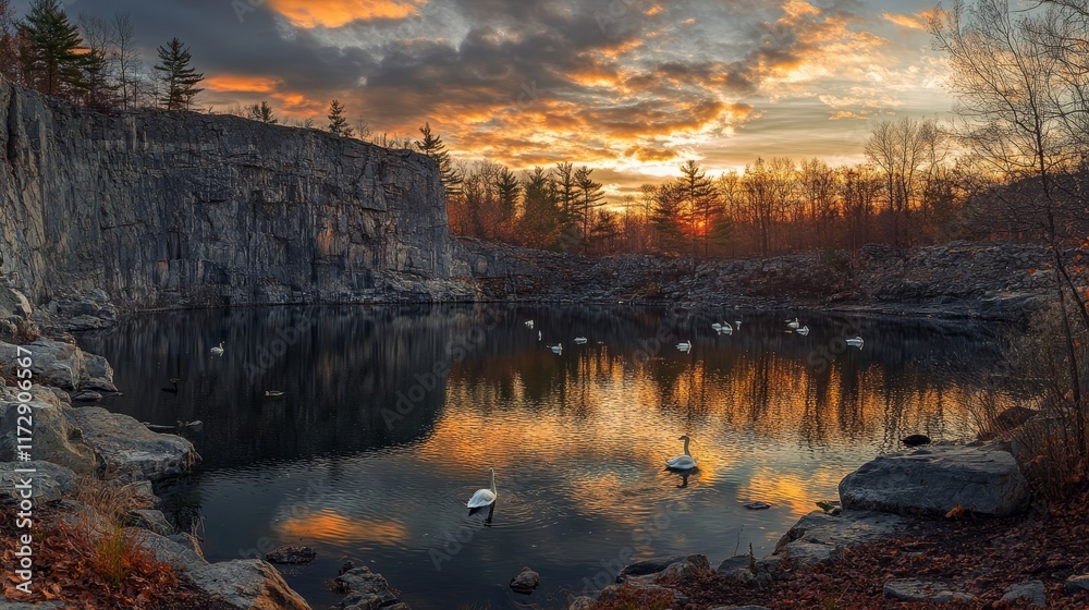 Obraz premium Swans and ducks on a pond in a quarry lit by the low setting sun.