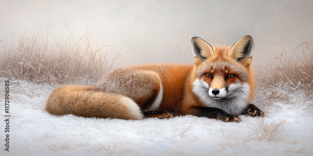 Obraz premium A stunning portrayal of a red fox resting gracefully in a snowy landscape, surrounded by frosted grasses.