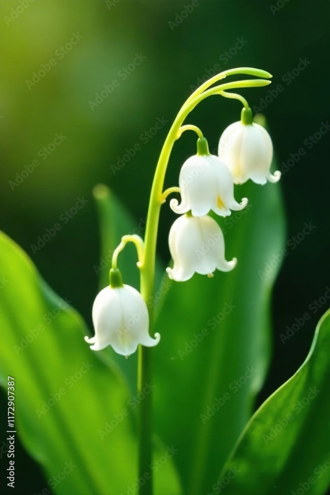 White lilies of the valley with delicate yellow-green stems and leaves, spring foliage, garden White lilies of the valley with delicate yellow-green stems and leaves, spring foliage, garden