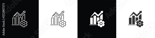 Growth graph icon with gear and arrow up and down. Business chart. Financial rise up. Increase profit. Economic graphic growth arrow rising. Chart icon in black, white and transparent background.