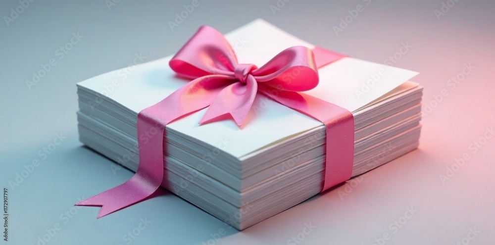 Fototapeta premium A pink bow tied around a stack of papers with a voucher on top, stack, paper