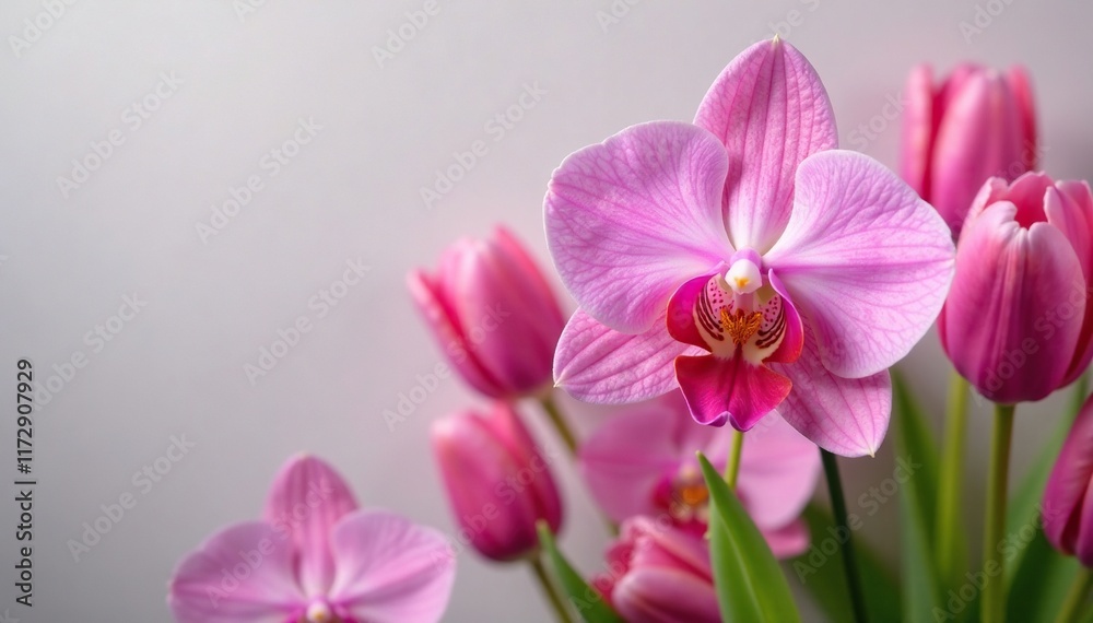 A delicate orchid adds a touch of elegance to the tulips, blooming season, elegant flowers A delicate orchid adds a touch of elegance to the tulips, blooming season, elegant flowers