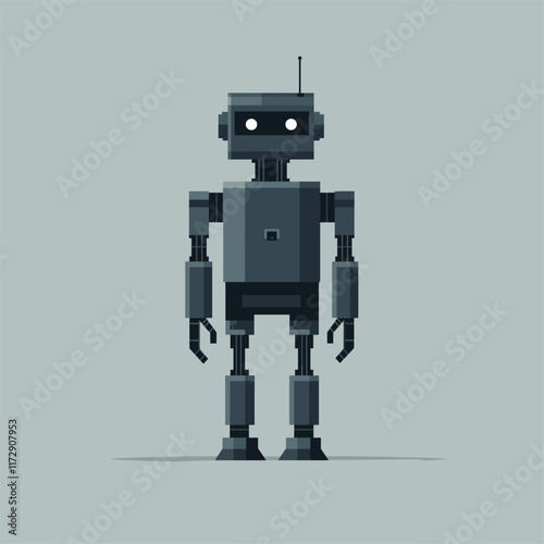 Robot in pixel art style against light blue background.