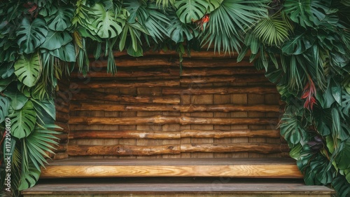 Captivating Wooden Stage Surrounded by Lush Tropical Foliage: A Unique Backdrop for Events and Performances photo