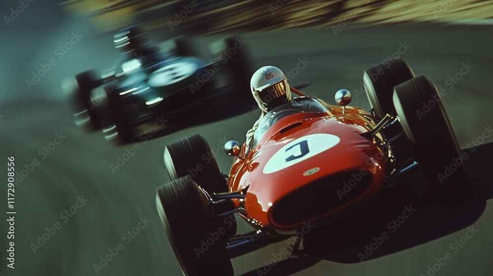 Obraz premium High-speed vintage race cars competing on a curved track, capturing the thrill of classic motor racing in action.
