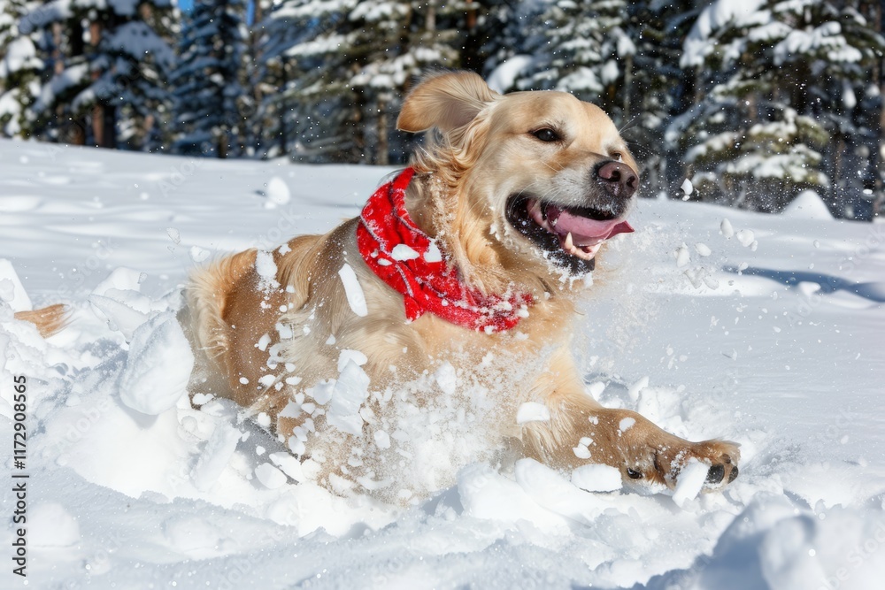 World Snow Day. A joyful golden retriever wearing a red scarf running through the snow on a bright winter day.