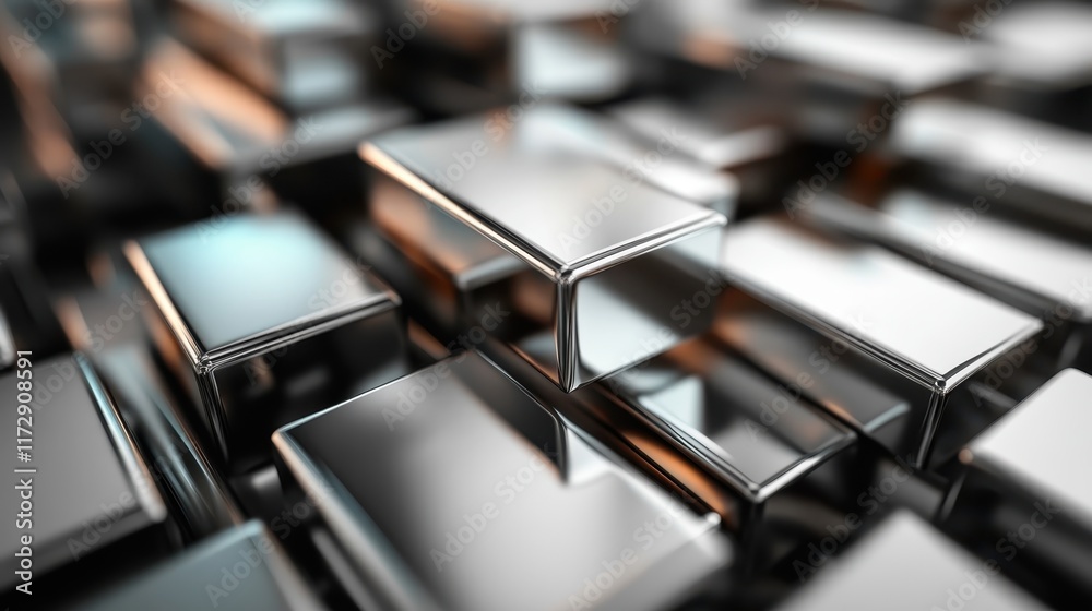 Metallic blocks with perfectly reflective surfaces are arranged in a grid, emphasizing symmetry, balance, and a futuristic design aesthetic. Metallic blocks with perfectly reflective surfaces are arranged in a grid, emphasizing symmetry, balance, and a futuristic design aesthetic.