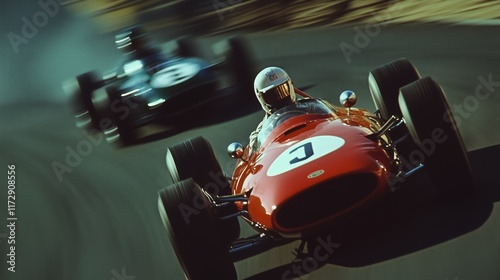 High-speed vintage race cars competing on a curved track, capturing the thrill of classic motor racing in action.