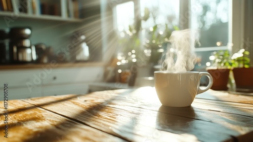 A white mug emits steam while sitting on a wooden table in a sunlit kitchen, surrounded by warmth and natural light, creating a cozy, inviting atmosphere.
