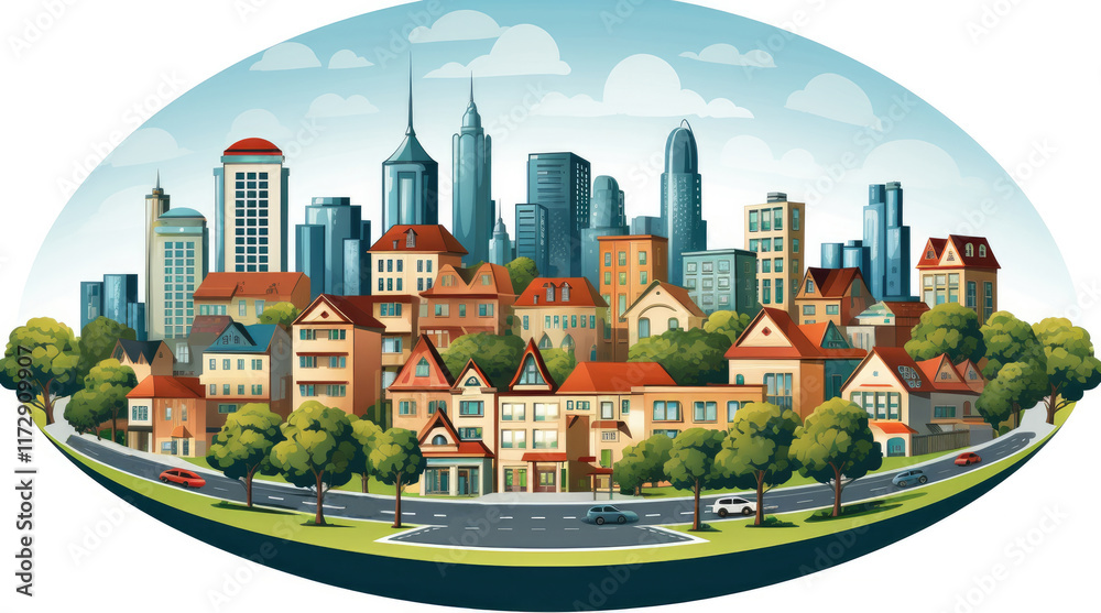 An illustration of modern city buildings isolated on a white background