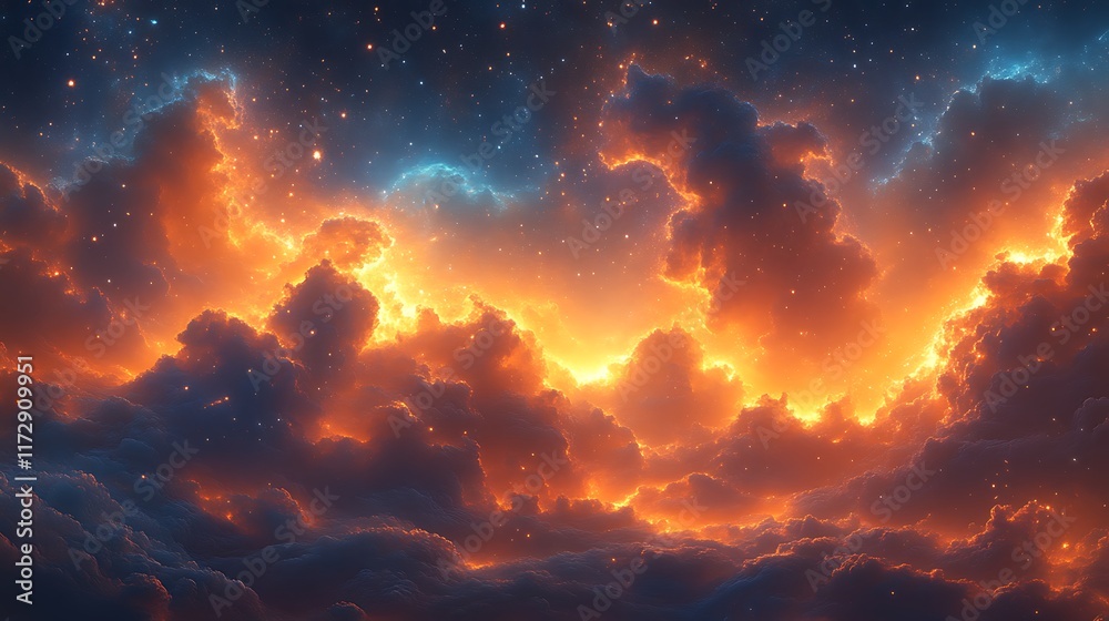 Fototapeta premium Fiery sunset cloudscape with stars.
