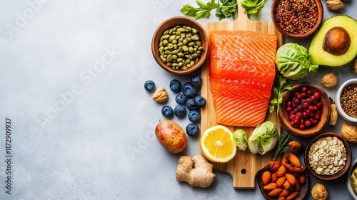 Wallpaper Mural A vibrant assortment of healthy foods, including salmon, fruits, nuts, and vegetables. Torontodigital.ca